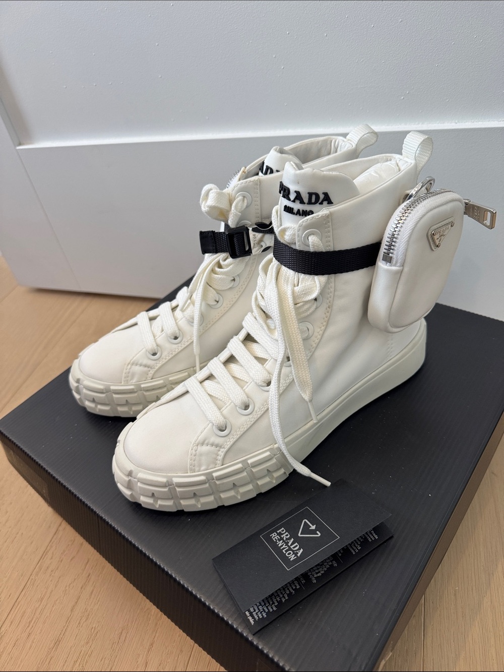Brand New Prada Cream Lace-Up High-Top Boots with Detachable Pouch